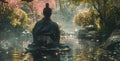 A samurai meditates in his garden finding inner peace and harmony amidst the chaos of the outside world Royalty Free Stock Photo