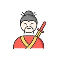 Samurai RGB color icon. Asian martial arts fighter. Old man with moustache and katana. Japanese swordsman. Male chinese