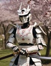 Samurai Robot with Cherry Blossoms Royalty Free Stock Photo