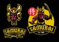 Samurai ronin mascot hold pair of katana