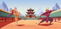 Samurai and Shaolin combat in  ancient temple vector illustration Royalty Free Stock Photo