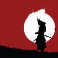 Samurai silhouette on the blood moon cartoon vector illustration Royalty Free Stock Photo