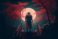 Samurai silhouette of a Japanese warrior samurai against the night forest Royalty Free Stock Photo