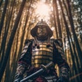 A samurai standing in the middle of a bamboo forest. Generative AI image.