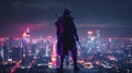 Samurai standing on the roof with night city neon lights on background. Generative AI