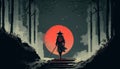 A samurai is standing on a stairway in a forest at night, with a red moon in the background Royalty Free Stock Photo