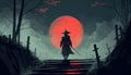 A samurai is standing on a stairway in a forest at night, with a red moon in the background Royalty Free Stock Photo