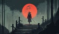 A samurai is standing on a stairway in a forest at night, with a red moon in the background Royalty Free Stock Photo
