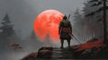 Samurai standing on stairway in night forest with the red moon on background Royalty Free Stock Photo