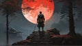 Samurai standing on stairway in night forest with the red moon on background Royalty Free Stock Photo