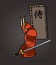 Samurai standing with sword and flag samurai Japanese text cartoon graphic vector.