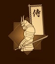 Samurai standing with sword and flag samurai Japanese text graphic vector.