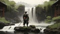 Samurai standing in waterfall garden
