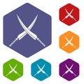 Samurai swords icons set hexagon