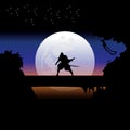 Samurai training at night on a full moon