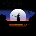 Samurai training at night on a full moon