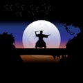 Samurai training at night on a full moon