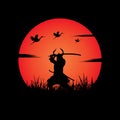 Samurai training at night on a full moon