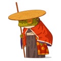 A Samurai, vector illustration. Calm anthropomorphic sensei frog, wearing a kimono and casa straw hat