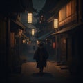 Samurai walks along the evening street of medieval Kyoto .