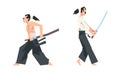 Samurai warrior in action set. Aggressive asian fighter with katana sword cartoon vector illustration Royalty Free Stock Photo