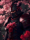 Samurai warrior armor throw a pink flowers of spring