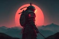 Samurai warrior on the background of the moon. cartoon fantasy. Neural network AI generated Royalty Free Stock Photo