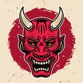 Samurai warrior horned red mask vintage vector colored illustration in retro style with grunge textures Royalty Free Stock Photo