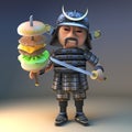 Samurai warrior from Japan in traditional armour in 3d builds a cheeseburger on his katana sword, 3d illustration