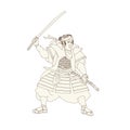 Samurai Warrior Katana Fight Stance Woodblock