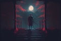 Samurai warrior on stairs in nocturnal forest under red moon Royalty Free Stock Photo