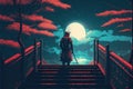 Samurai warrior on stairs in nocturnal forest under red moon Royalty Free Stock Photo