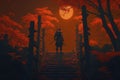 Samurai warrior on stairs in nocturnal forest under red moon Royalty Free Stock Photo