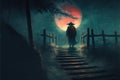 Samurai warrior on stairs in nocturnal forest under red moon Royalty Free Stock Photo