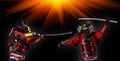 Samurai warrior with sword at sunset. Royalty Free Stock Photo