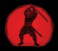 Samurai Warrior with Weapon Bushido Action Ready to Fight Cartoon Graphic Vector