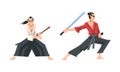 Samurai warriors in action set. Asian fighters fighting with katana sword cartoon vector illustration Royalty Free Stock Photo