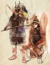 Samurai warriors. An hand drawn illustration. Freehand drawing, Royalty Free Stock Photo