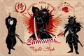 Samurai warriors - vector set illustration. Silhouette of japanese fighters with katana. Royalty Free Stock Photo