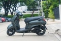 Samut Prakan - August 6, 23 : Private scooter motorcycle, Yamaha Grand Filano Hybrid Connected 2023, Luxury Gray. New design