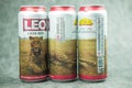 Samut Prakan, Thailand - February 6, 2022 : Leo Beer, the new design can with tiger pictures. You can place of many can to