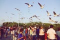 Samut Prakan, THAILAND - FEBRUARY 24,2019 : View of tourists walking to the Suk Ta-Bang Pu Bridge, heading to see the seagulls