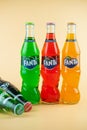 Samut Prakan, Thailand - March 9, 2021 : Popular soft drink in glass bottle volume 375 ML. such as Coca-Cola, Fanta of three Royalty Free Stock Photo