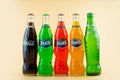 Samut Prakan, Thailand - March 20, 2021 : Popular soft drink in glass bottle volume 375 ML. such as Coca-Cola, Fanta of three