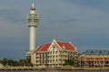 Samut Prakan, Thailand - March 25, 2017: Riverfront view of Samut Prakan city hall with new observation tower and boat pier. Royalty Free Stock Photo