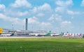 SAMUT PRAKAN, THAILAND-MAY 15, 2021 : Cargo aircraft parked at airfield in the airport near airport terminal. Cargo plane of EVA Royalty Free Stock Photo