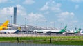 SAMUT PRAKAN, THAILAND-MAY 15, 2021 : Cargo aircraft parked at airfield in the airport near airport terminal. Cargo plane of EVA Royalty Free Stock Photo