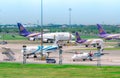 SAMUT PRAKAN, THAILAND-MAY 15, 2021 : Cargo aircraft parked at airfield in the airport. Cargo plane of Thai Airways, Thai Smile