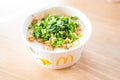 Samut Prakan, Thailand - October 25, 2022 : Porridge pork in paper bowl cup from McDonald`s is one of the meals breakfast