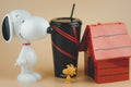 Samut Prakan, Thailand - September 14, 2020 : Plastic of Snoopy drink cup and Woodstock popcorn bucket set from Major Cineplex